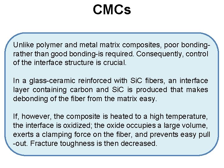 CMCs Unlike polymer and metal matrix composites, poor bondingrather than good bonding-is required. Consequently, CMCs Unlike polymer and metal matrix composites, poor bondingrather than good bonding-is required. Consequently,