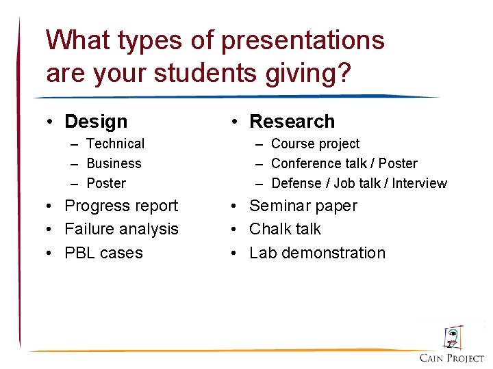 What types of presentations are your students giving? • Design – Technical – Business