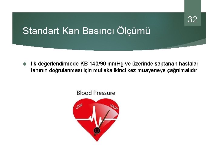 32 Standart Kan Basıncı Ölçümü İlk değerlendirmede KB 140/90 mm. Hg ve üzerinde saptanan