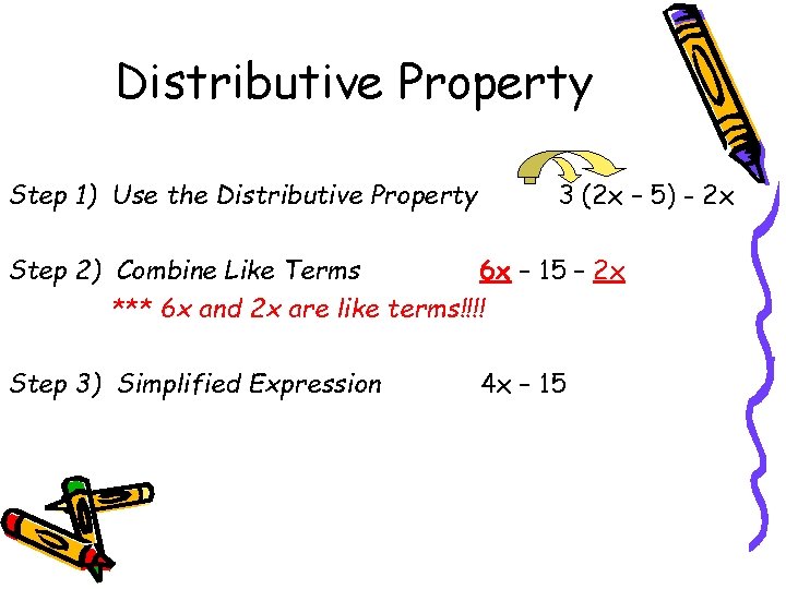 Distributive Property Step 1) Use the Distributive Property 3 (2 x – 5) -