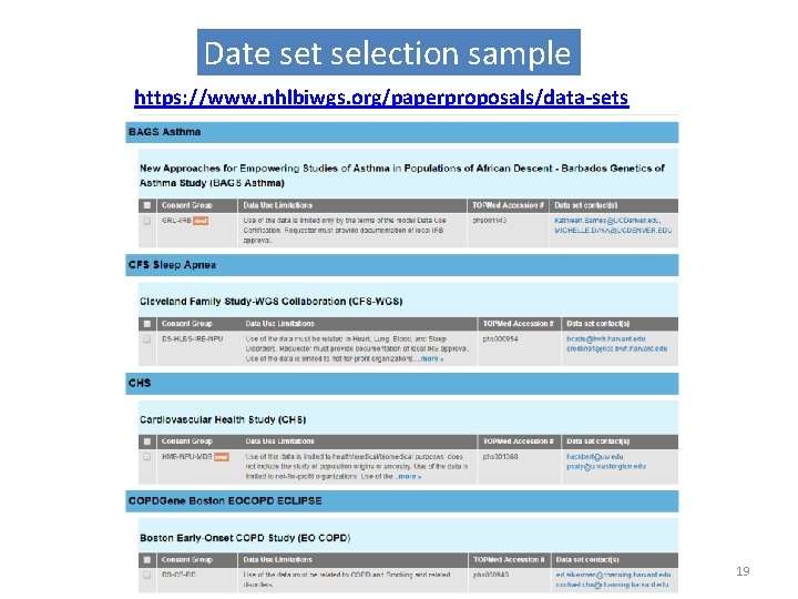 Date set selection sample https: //www. nhlbiwgs. org/paperproposals/data-sets 19 
