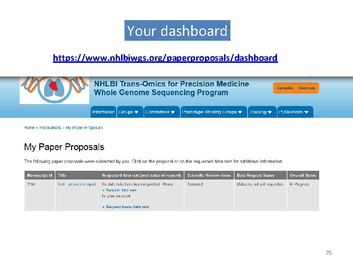 Your dashboard https: //www. nhlbiwgs. org/paperproposals/dashboard 25 