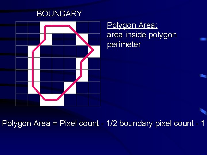 BOUNDARY Polygon Area: area inside polygon perimeter Polygon Area = Pixel count - 1/2