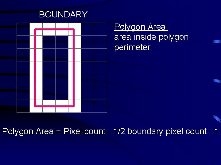 BOUNDARY Polygon Area: area inside polygon perimeter Polygon Area = Pixel count - 1/2