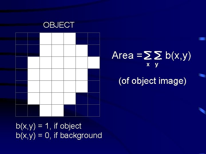 OBJECT Area = b(x, y) x y (of object image) b(x, y) = 1,