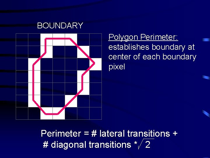 BOUNDARY Polygon Perimeter: establishes boundary at center of each boundary pixel Perimeter = #