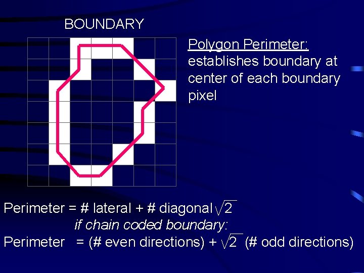 BOUNDARY Polygon Perimeter: establishes boundary at center of each boundary pixel Perimeter = #