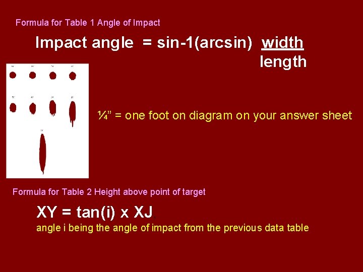 Formula for Table 1 Angle of Impact angle = sin-1(arcsin) width length ¼” =