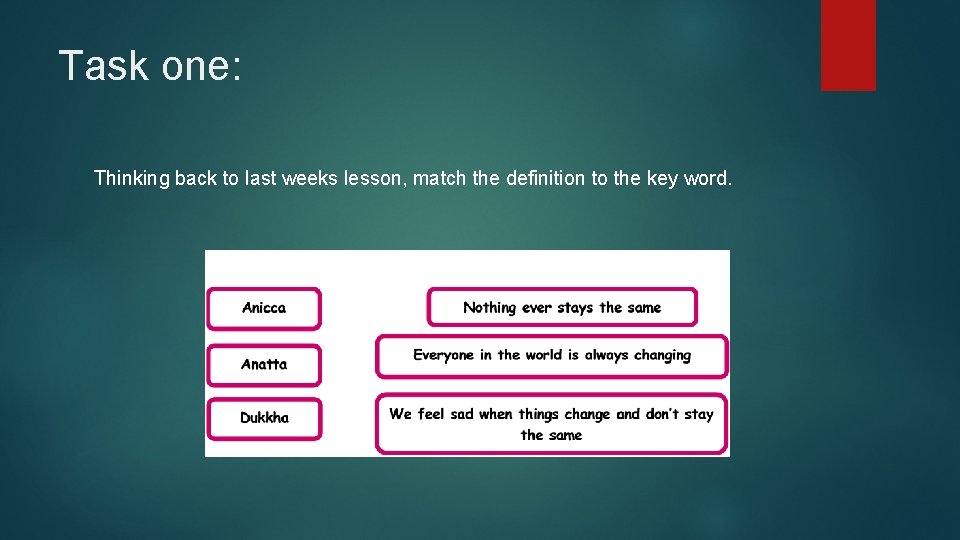 Task one: Thinking back to last weeks lesson, match the definition to the key