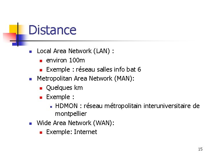Distance n n n Local Area Network (LAN) : n environ 100 m n