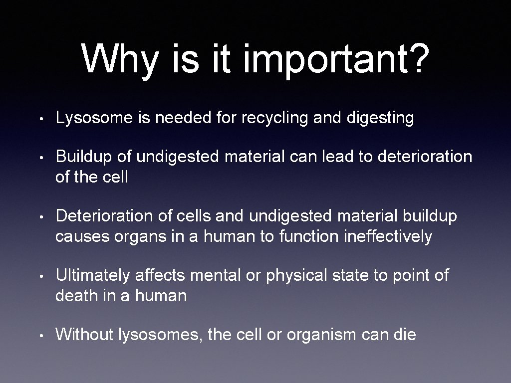 Why is it important? • Lysosome is needed for recycling and digesting • Buildup