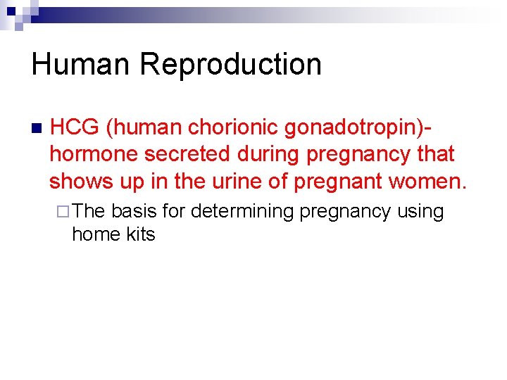 Human Reproduction n HCG (human chorionic gonadotropin)hormone secreted during pregnancy that shows up in