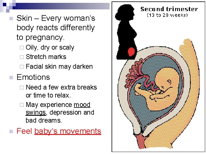 n Skin – Every woman’s body reacts differently to pregnancy. ¨ Oily, dry or