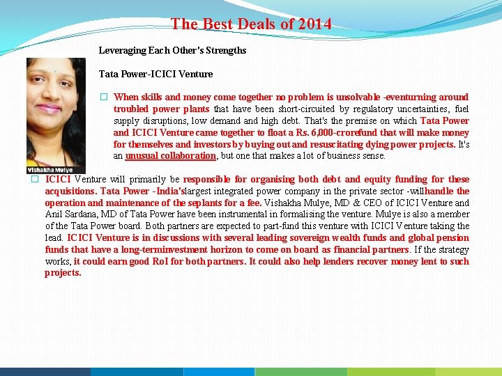 The Best Deals of 2014 Leveraging Each Other's Strengths Tata Power ICICI Venture �