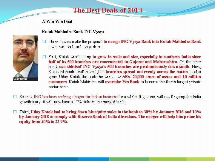The Best Deals of 2014 A Win Deal Kotak Mahindra Bank ING Vysya �