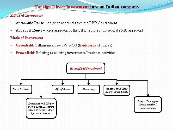 Foreign Direct Investment into an Indian company Kinds of Investment • Automatic Route –