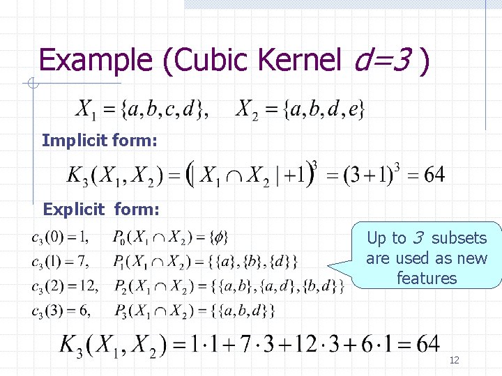 Example (Cubic Kernel d=3 ) Implicit form: Explicit form: Up to 3 subsets are