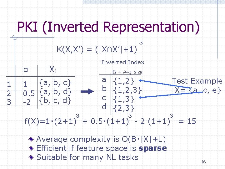 PKI (Inverted Representation) K(X, X’) = (|X∩X’|+1) α 1 2 3 ３ Inverted Index