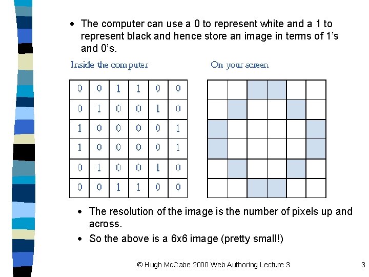 · The computer can use a 0 to represent white and a 1 to