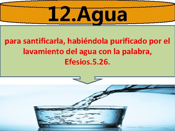 12. Agua para santificarla, habiéndola purificado por el lavamiento del agua con la palabra,