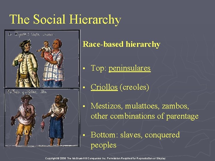 The Social Hierarchy Race-based hierarchy • Top: peninsulares • Criollos (creoles) • Mestizos, mulattoes,