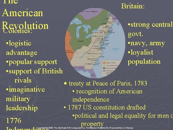 The American Revolution Colonies: Britain: • strong central govt. • navy, army • loyalist