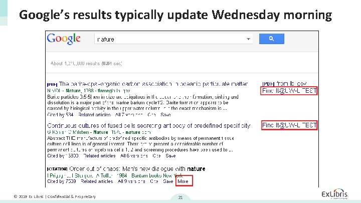 Google’s results typically update Wednesday morning © 2019 Ex Libris | Confidential & Proprietary