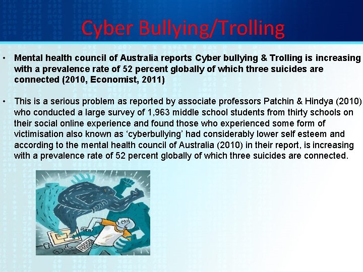 Cyber Bullying/Trolling • Mental health council of Australia reports Cyber bullying & Trolling is