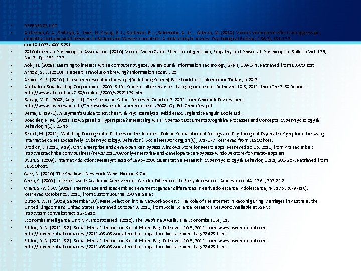 • • • • • REFERENCE LIST Anderson, C. A. , Shibuya, A.