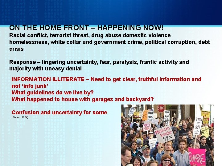 ON THE HOME FRONT – HAPPENING NOW! Racial conflict, terrorist threat, drug abuse domestic