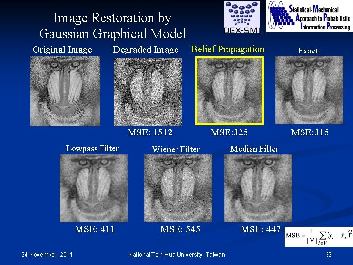 Image Restoration by Gaussian Graphical Model Original Image Degraded Image Belief Propagation Exact MSE: Image Restoration by Gaussian Graphical Model Original Image Degraded Image Belief Propagation Exact MSE: