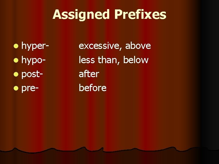 Assigned Prefixes l hyperl hypol postl pre- excessive, above less than, below after before