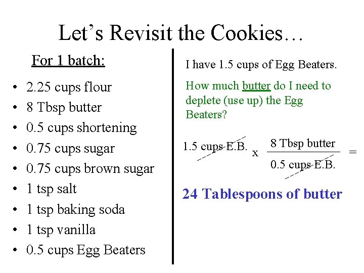 Let’s Revisit the Cookies… For 1 batch: • • • 2. 25 cups flour