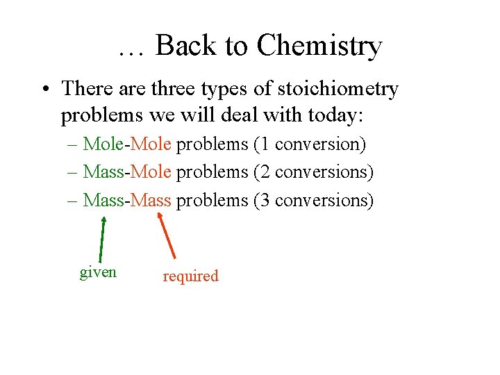 … Back to Chemistry • There are three types of stoichiometry problems we will