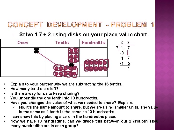  Solve 1. 7 ÷ 2 using disks on your place value chart. Ones
