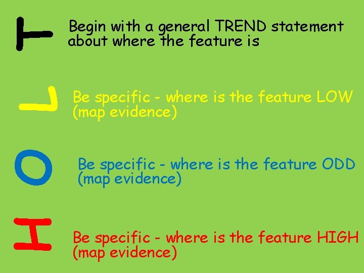 H O L T Begin with a general TREND statement about where the feature