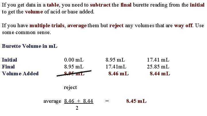 If you get data in a table, you need to subtract the final burette