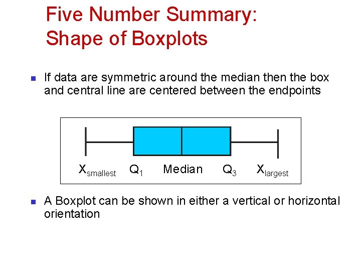 Five Number Summary: Shape of Boxplots n If data are symmetric around the median