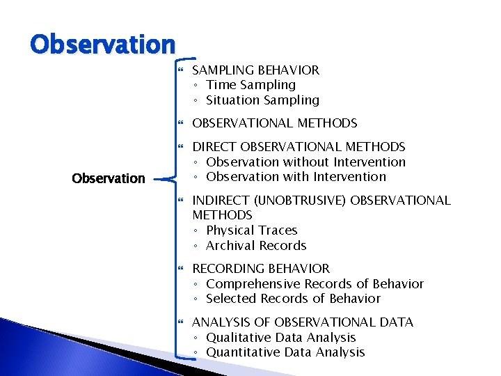 Observation SAMPLING BEHAVIOR ◦ Time Sampling ◦ Situation Sampling OBSERVATIONAL METHODS DIRECT OBSERVATIONAL METHODS