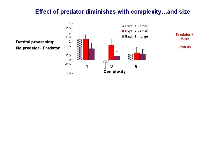Effect of predator diminishes with complexity…and size Predator x Size: Detrital processing: P<0. 05