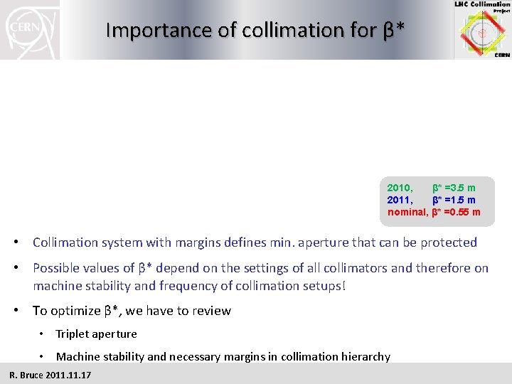 Importance of collimation for β* 2010, β* =3. 5 m 2011, β* =1. 5