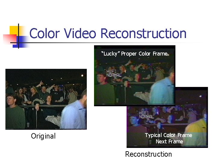 Color Video Reconstruction “Lucky” Proper Color Frame Original Typical Color Frame Next Frame Reconstruction