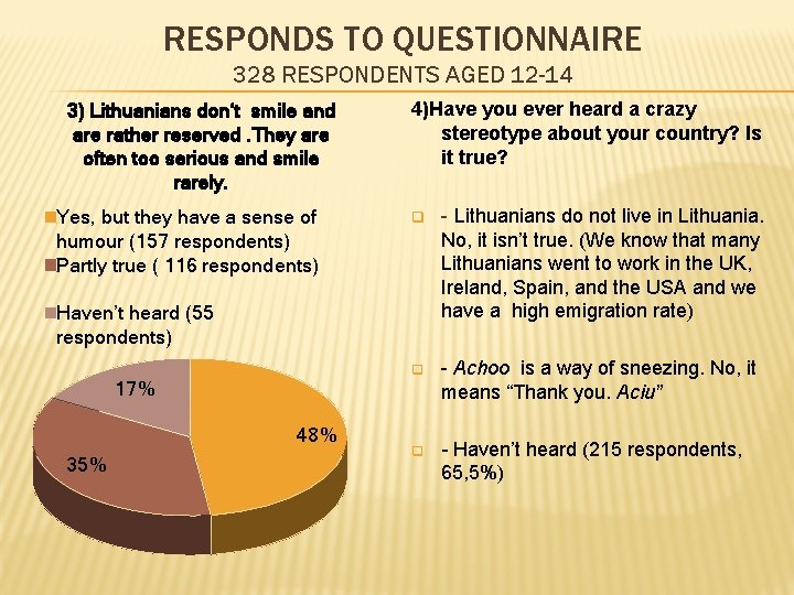 RESPONDS TO QUESTIONNAIRE 328 RESPONDENTS AGED 12 -14 3) Lithuanians don‘t smile and are