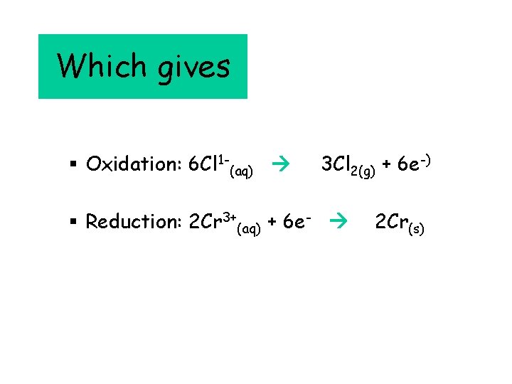 Which gives § Oxidation: 6 Cl 1 -(aq) 3 Cl 2(g) + 6 e-)