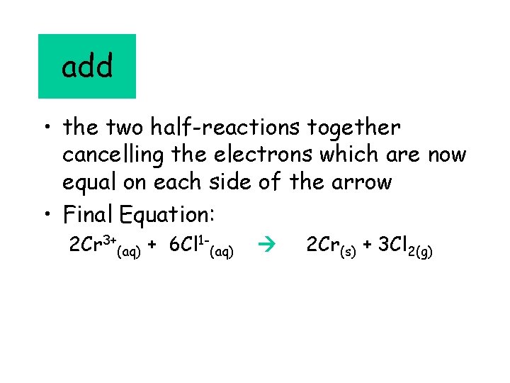 add • the two half-reactions together cancelling the electrons which are now equal on