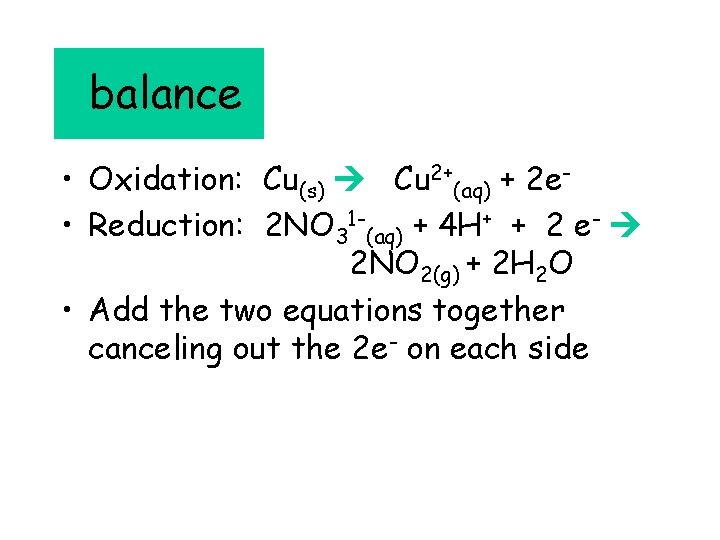 balance • Oxidation: Cu(s) Cu 2+(aq) + 2 e • Reduction: 2 NO 31