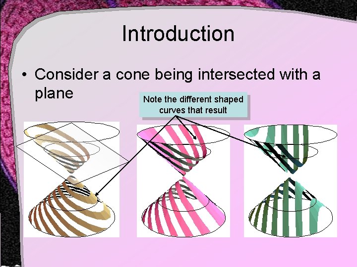 Introduction • Consider a cone being intersected with a plane Note the different shaped