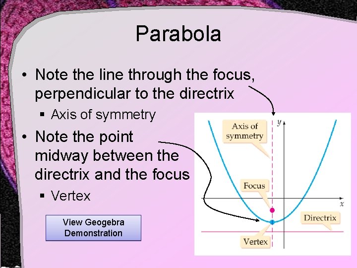 Parabola • Note the line through the focus, perpendicular to the directrix § Axis