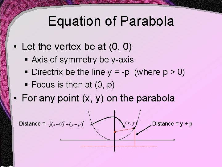Equation of Parabola • Let the vertex be at (0, 0) § Axis of