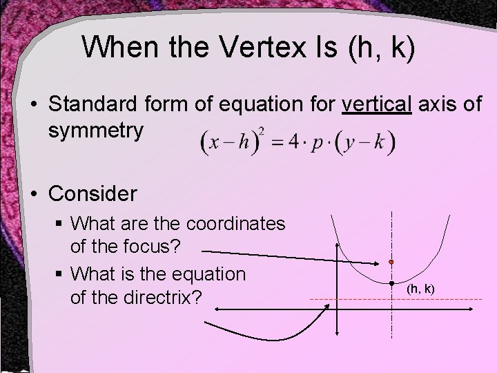 When the Vertex Is (h, k) • Standard form of equation for vertical axis